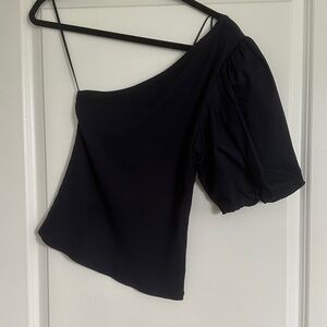 Sanctuary Boutique One Shoulder Puff Sleeve Navy Blouse Size M NWT